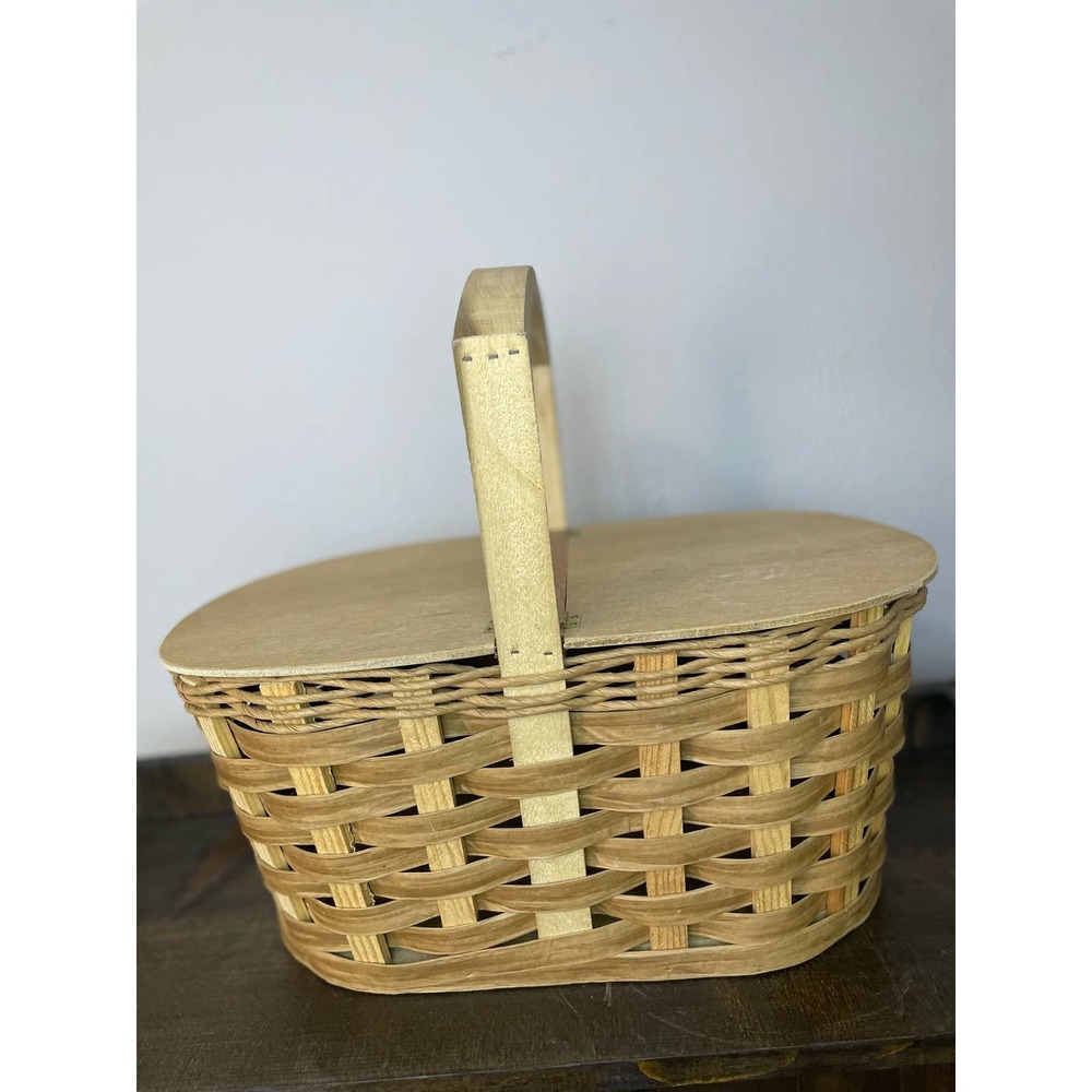 Vintage Basket Picnic Basket Wood Slat Basket Hinged Lid Double Handle